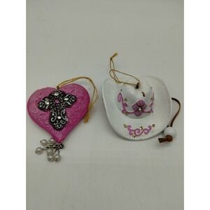 White Pink Resin Cowboy Cowgirl Hat & Heart Cross Christmas Ornaments Rodeo